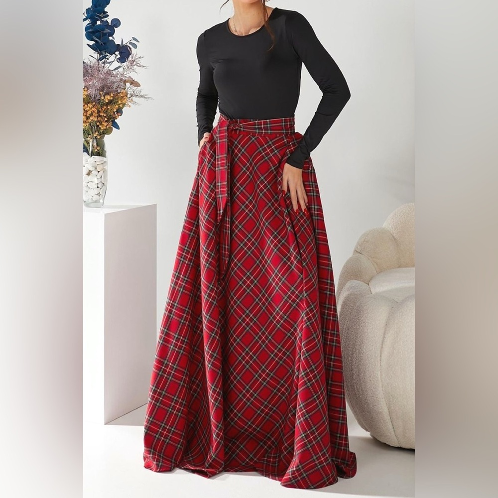 Plaid Red Tartan Maxi Full Skirt with pockets no name approx. size XL see meas. - Picture 10 of 10